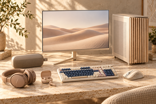 Beige Bundle setup with headphones, earbuds, Bluetooth speaker, and a PC setup.