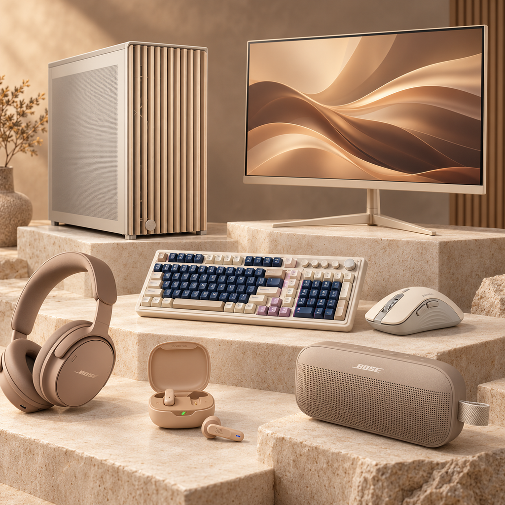 Configuración de paquete beige con auriculares, audífonos, altavoz Bluetooth y una configuración de PC.